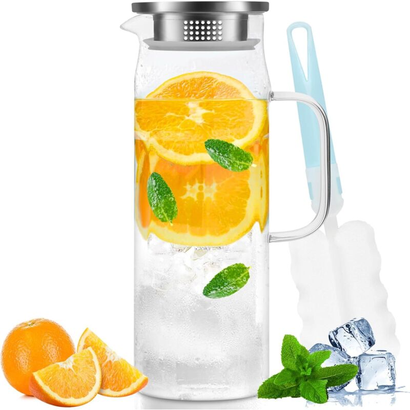 [neuwertig]glaskrug, 1,5 Liter Glaskrug Mit Deckel, Glasflaschen Und Krüge, Eisteekrug, Wasserflasche Mit Griff, Hitzebeständiger Krug Aus Borosilikatglas, Pick
