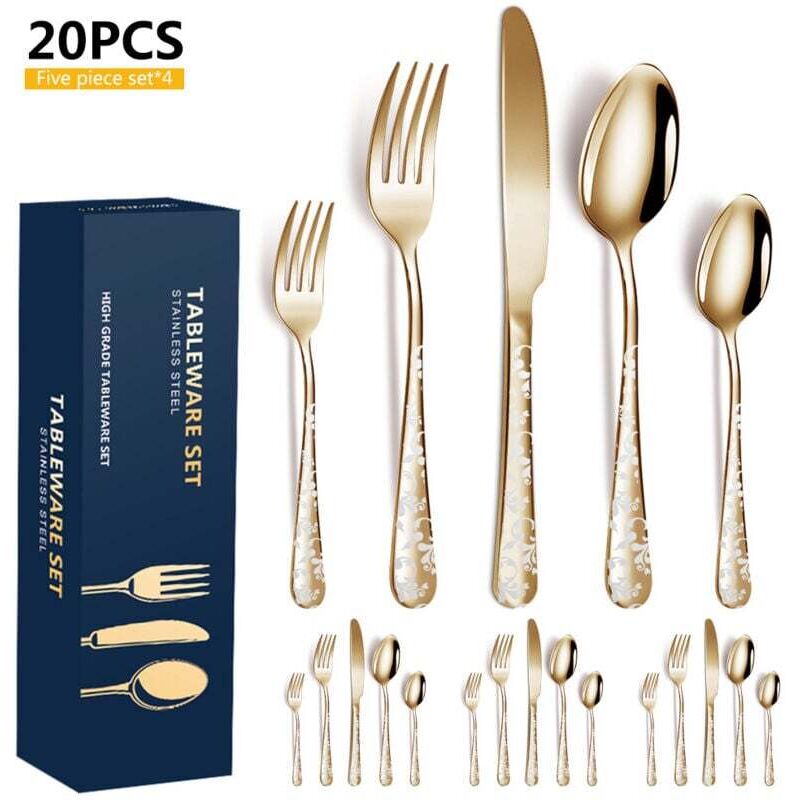 [neuwertig]set Aus 20 Polierten Edelstahl-besteckteilen Mit Floralem Spiegelglanz, Bestehend Aus Messer, Gabel Und Teelöffeln, Für Küche, Restaurant Und Partys (gold).