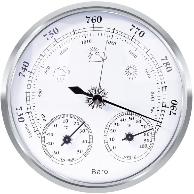 [neuwertig]analoge Wetterstation - Analoge Wetterstation Für Den Innen- Und Außenbereich - Bestehend Aus Barometer, Thermometer Und Hygrometer (silber, 128 Mm)