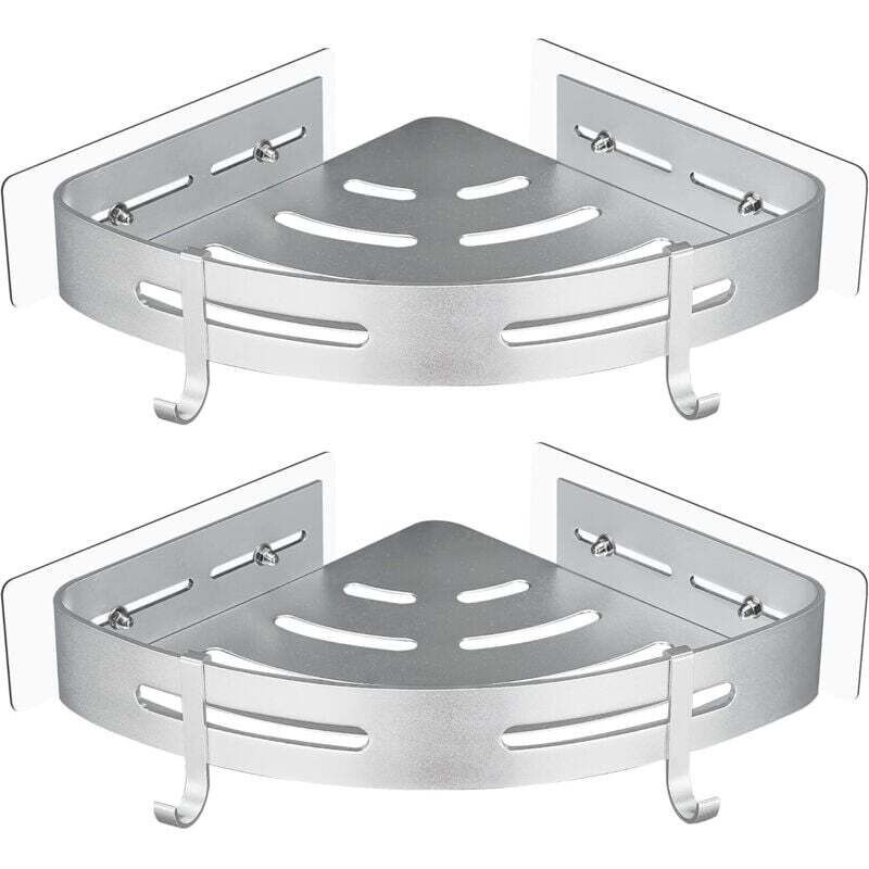 [neuwertig]eckduschablage Aus Metall, Kein Bohren Erforderlich, 2-teilig, Mit 2 Duschhaken, Rostfreier, Selbstklebender Halter Für Badezimmerutensilien (silber)
