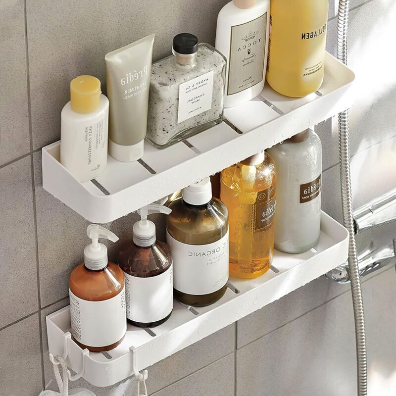[neuwertig]set Mit 2 Duschablagen Zum Einfachen Anbringen Ohne Bohren, 40 Cm, Weiß, Mit 5 Abnehmbaren Haken Für Das Badezimmer