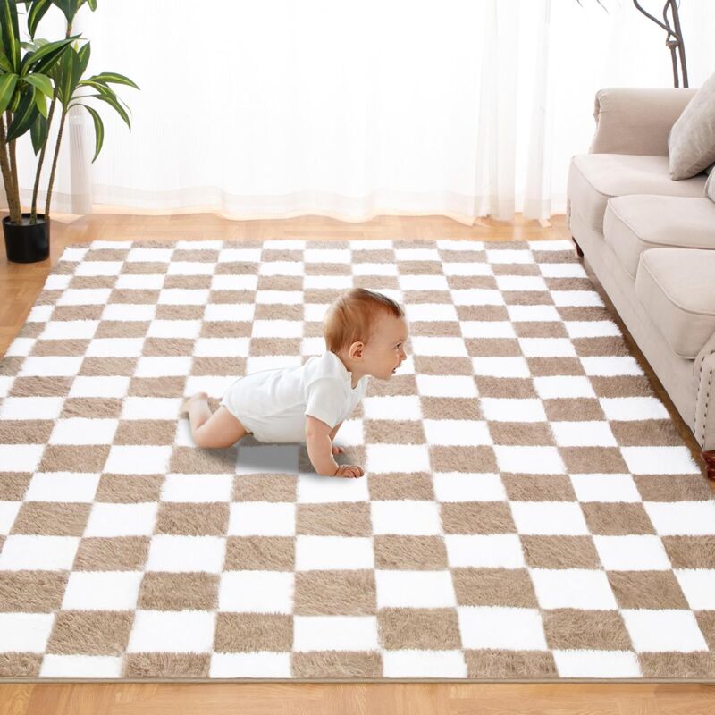 [neuwertig]flauschiger Wohnzimmerteppich 160 X 230 Cm, Langer Flor, Weich, Für Wohnzimmer, Schlafzimmer, Sofa, Weiß, Kaffeefarben