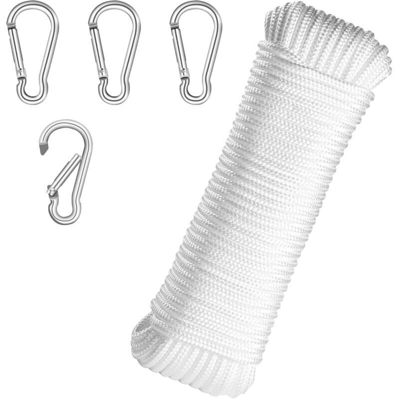 [neuwertig]20 M Fahnenseil, Kletterseil, Nylonseil Mit 4 Metallhaken, Outdoor-schaukelseil, Für Fahnenmast, Kleidung, Garten, Camping (weiß)