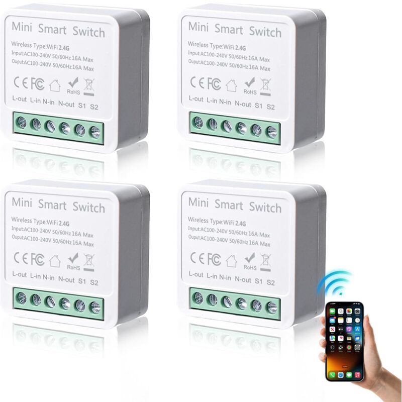 [neuwertig]set Mit 4 Unidirektionalen Smart-schaltermodulen – Diy-mini-wlan-schalter – Smart-home-modul – Kompatibel Mit Tuya, Alexa Und Google Home Apps – Neutralleiter Erforderlich