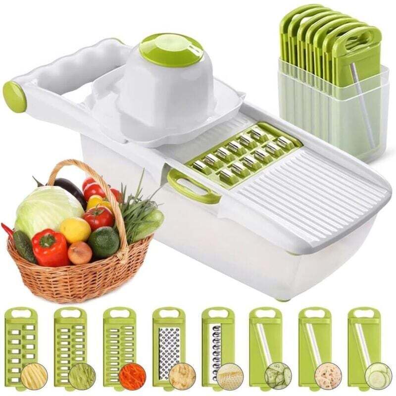 [neuwertig]all-in-one-mandoline, Obst- Und Gemüseschneider, Multifunktionaler Gemüseschneider, Austauschbarer Edelstahl-schneider Mit Lebensmittelbehälter, Handschutz, Julienne-schneider