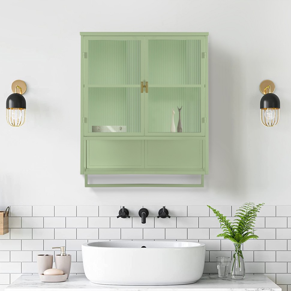 Wandschrank 60 Cm Mintgrün – Aufbewahrungsmöbel Mit 2 Türen Aus Gehärtetem Glas, Offenem Regal Und Handtuchhalter – Für Wohnzimmer Und Badezimmer