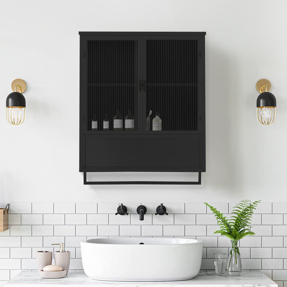 Wandschrank 60 Cm Schwarz – Aufbewahrungsmöbel Mit 2 Türen Aus Gehärtetem Glas, Offenem Regal Und Handtuchhalter – Stil: Industrial Chic