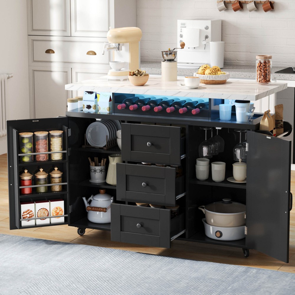 Mobile Kücheninsel 138 X 60 X 93 Cm – Servierwagen Mit Klappbarer Arbeitsplatte Und Rgb-led-beleuchtung – Weinregal Mit 3 Schubladen – Schwarz, Marmoroptik, Mdf