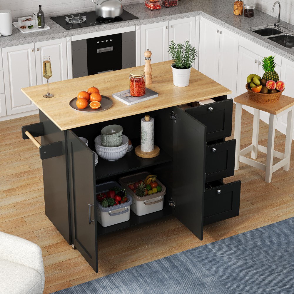 Mobile Kücheninsel – 135 X 44 (70) X 90 Cm – Klappbare Arbeitsplatte – 3 Schubladen, 2 Türen – Servierwagen Auf Rollen – Schwarz Und Eiche