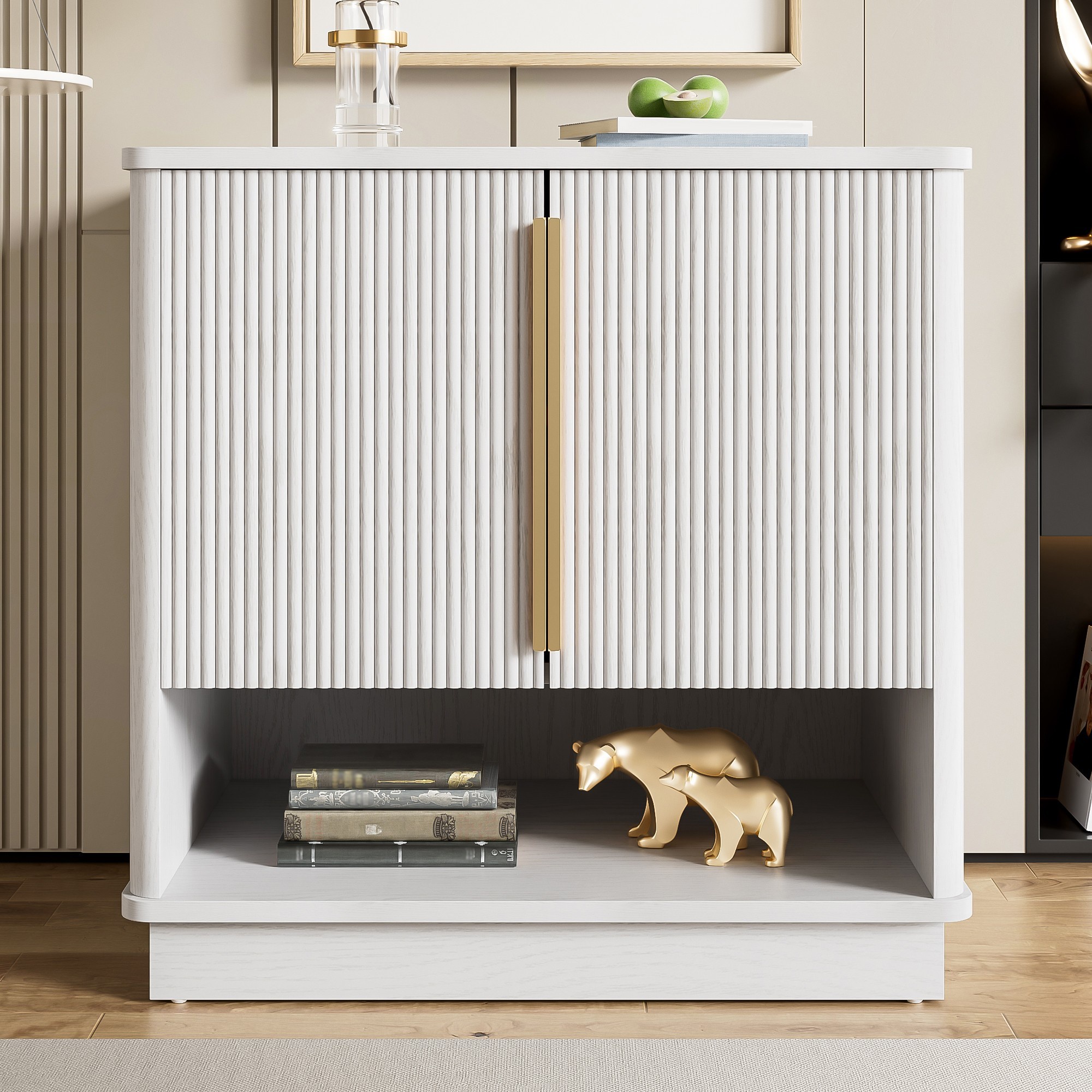 Schuhschrank – Mit 2 Türen, Offenem Fach Und Goldenen Griffen – Kompakt – 60 X 40 X 61 Cm – Weiß In Holzoptik