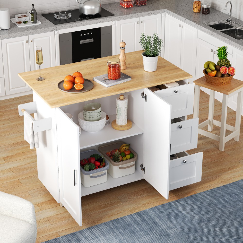 Mobile Kücheninsel – 135x44(70) 90 Cm – Klappbare Arbeitsplatte – 3 Schubladen, 2 Türen - Servierwagen Auf Rollen – Eiche Und Weiß