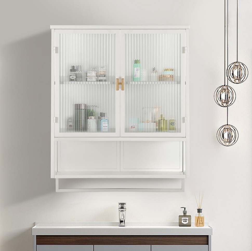 Wandschrank 60 Cm Weiß – Aufbewahrungsmöbel Mit 2 Türen Aus Gehärtetem Glas, Offenem Regal Und Handtuchhalter – Wohnzimmer, Badezimmer