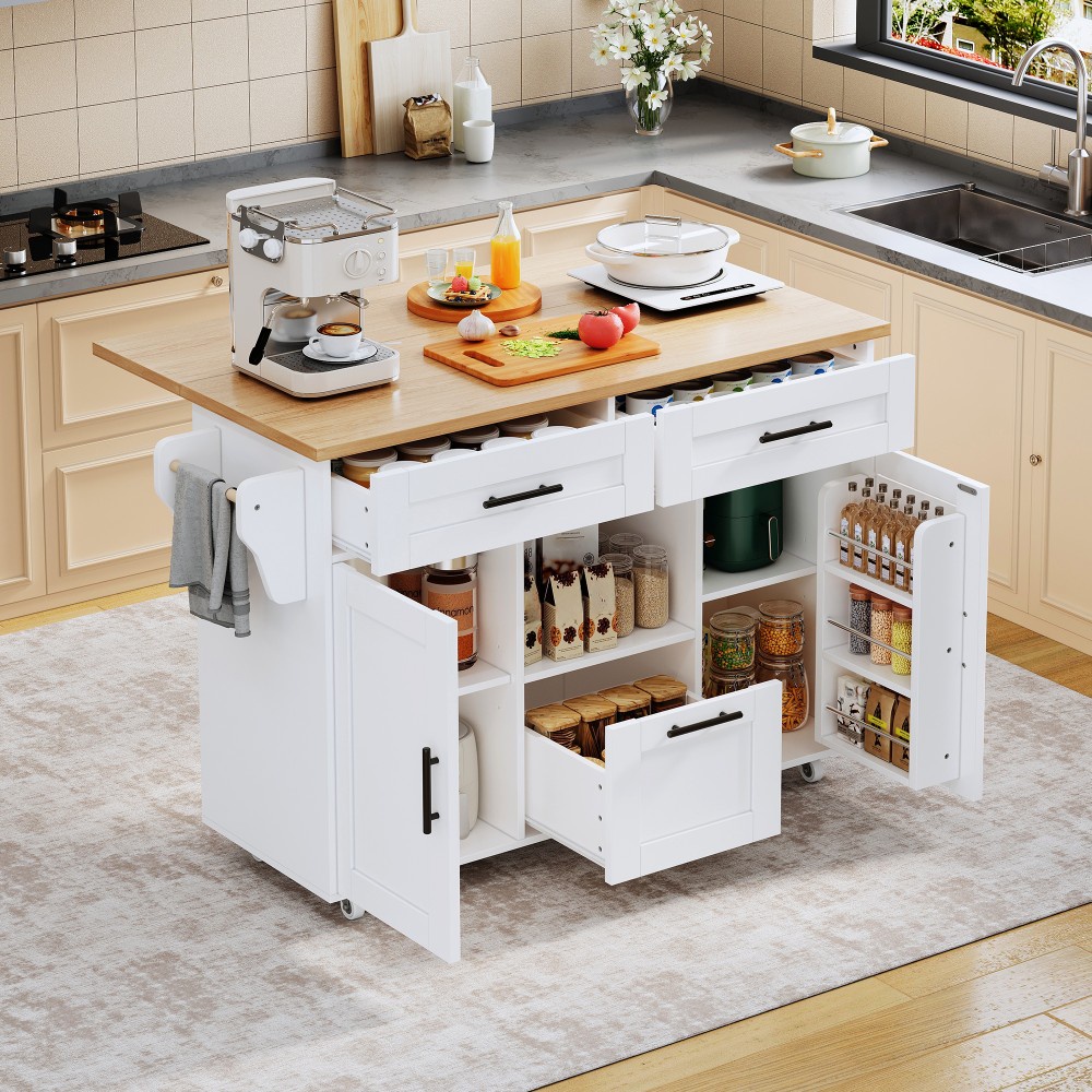 Kücheninsel Mit Klappbarer Arbeitsplatte – Servierwagen Auf Rollen 120 X 71 X 90 Cm – 3 Schubladen & Verstellbare Einlegeböden – Weiß