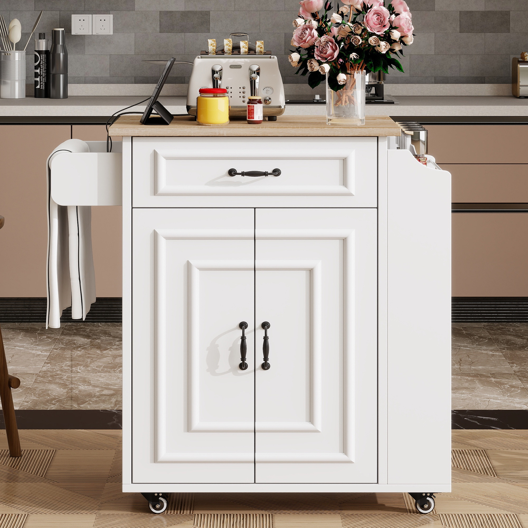 Kücheninsel 66 X 40–60 X 90 Cm – Mit Klappbarer Arbeitsplatte, Regal, Handtuchhalter, Gewürzregal – Weiß