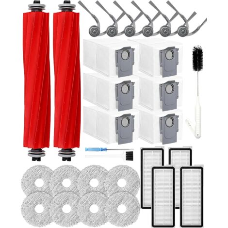 Dtekgaz - 29-teiliges Zubehörset Qv35a Für Die Saugroboter Roborock Qv 35a/qv 35s/qr 598/qr 798. Enthält 2 Hauptbürsten, 6 Staubbeutel, 4 Hepa-filter, 6 Seitenbürsten Und 8 Reinigungspads.
