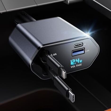 Dtekgaz - 4-in-1-autoladegerät Mit Einziehbarem Kabel – 63-w-schnellladeadapter – Einziehbares Kabel (0,8 M) – 2 Usb-anschlüsse – Kompatibel Mit Iphone 15/14/13/12/11 Pro Max, G