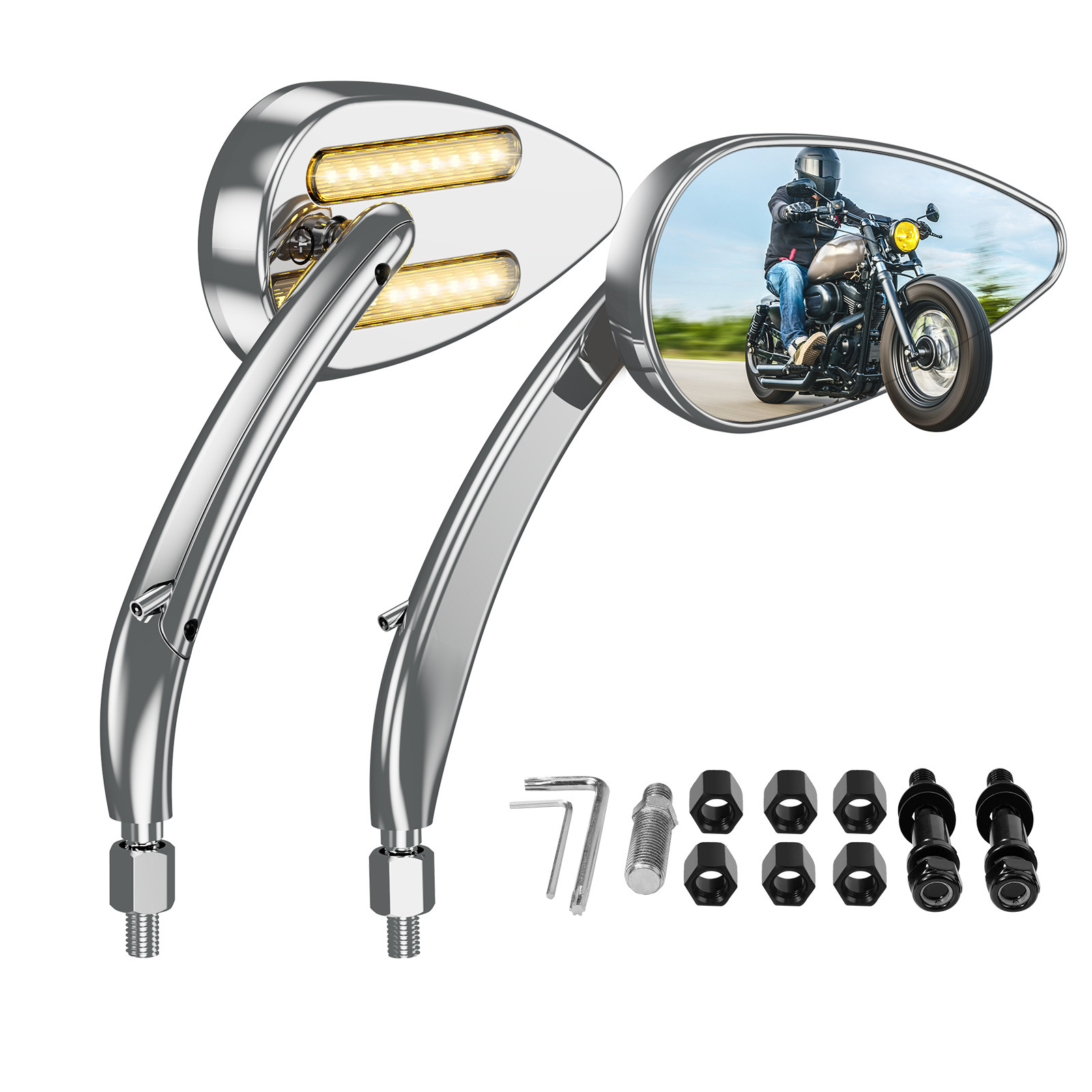 Dtekgaz - [led-blinker] Motorrad-rückspiegel Mit Beleuchtung, Universeller Silberner Rückspiegel Mit Blinker, Kompatibel Mit Harley-davidson Und Den Meisten Großen Motorrädern.