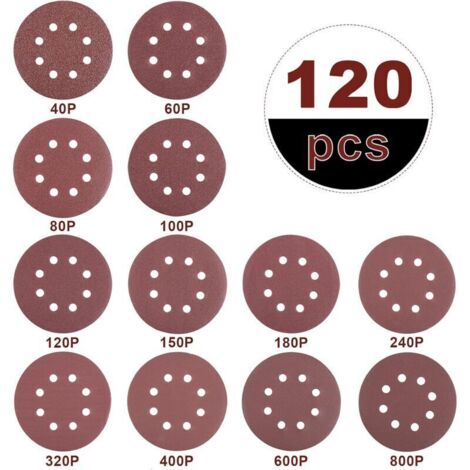 Dtekgaz - 120 Schleifscheiben, 125 Mm, Für Kreisschleifer, Körnung 40/60/80/100/120/150/180/240/320/400/600/800, 8 Löcher, Zum Schleifen, Polieren, Entrosten Usw.