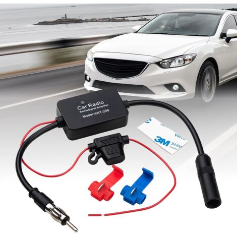 Dtekgaz - Universal-autoradio-antennenverstärker (12–24 V, Fm), Hohe Verstärkung, Geringes Rauschen (25 Db), Mit Klebe- Und Rotem Clip Für Autoradio-fm-antennen