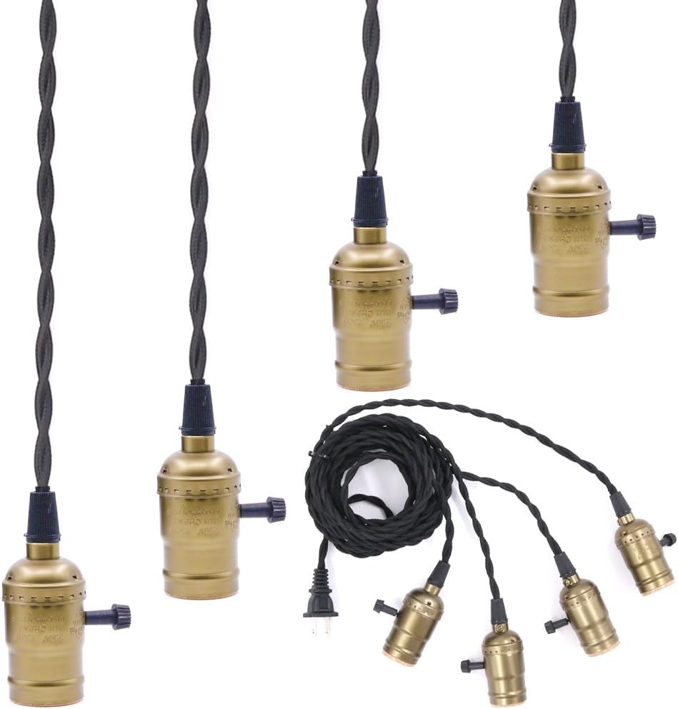 Dtekgaz - Set Aus 4 Vintage-wandpendelleuchten Aus Messing Mit Schalter, Dreifacher E27-fassung – Industriestil, Für Küche, Esszimmer, Bar, Warmes Licht, Textilkabel