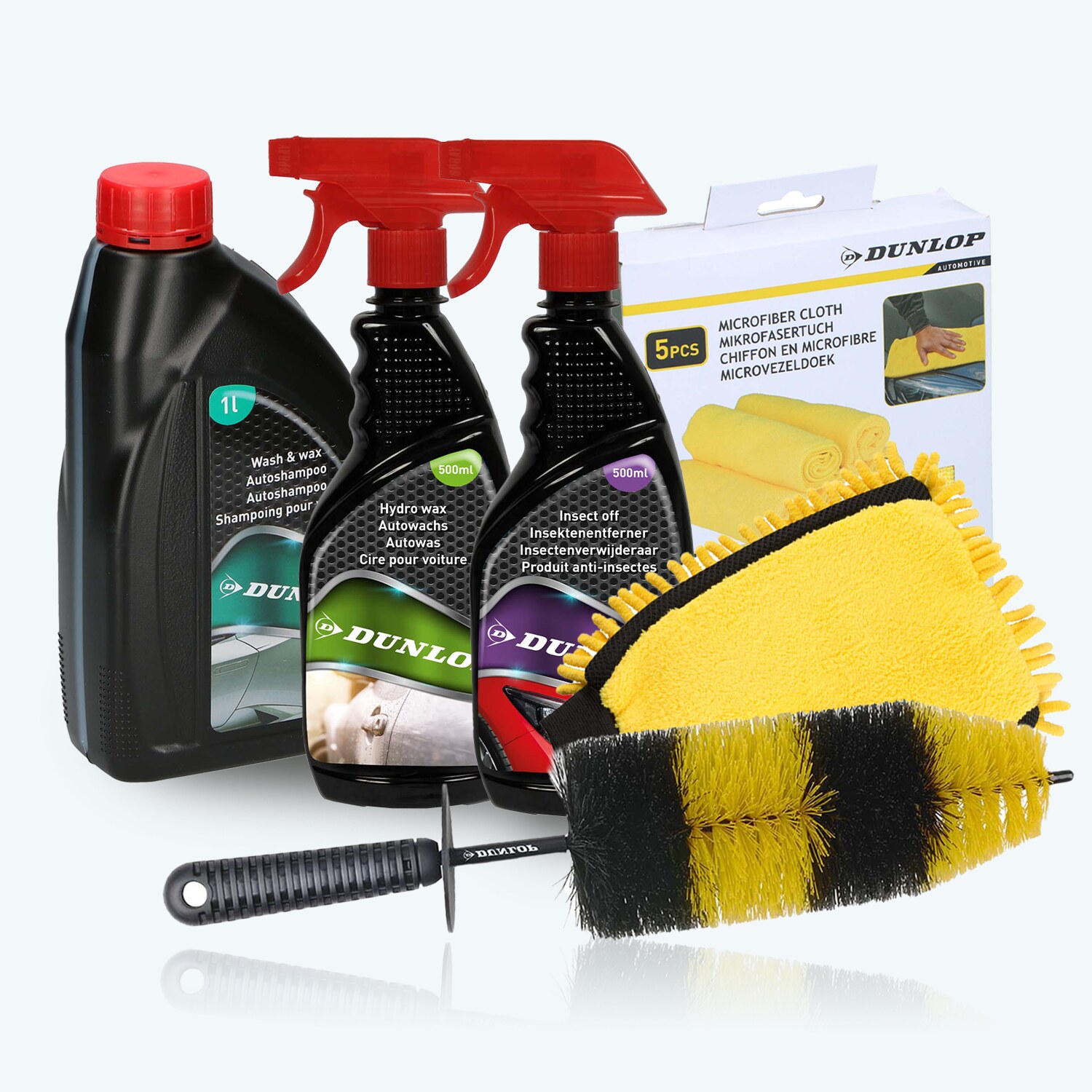 Dunlop Auto Reinigungsset - Shampoo 1l + Wachs 500ml + Insektenentferner 500ml + Xl Bürste + Handschuh + 5 Mikrofasertücher