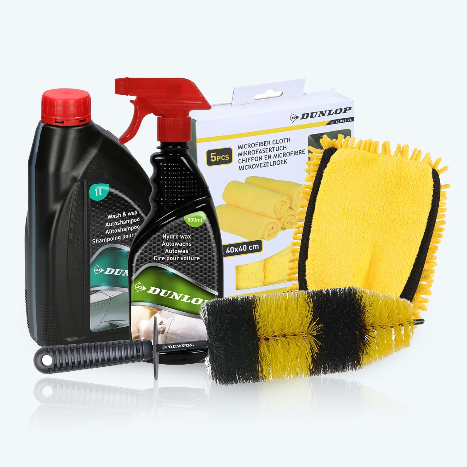 Dunlop Auto-reinigungsset: Shampoo 1l + Wachs 500ml + Xl Felgenbürste + Waschhandschuh + 5 Mikrofasertücher