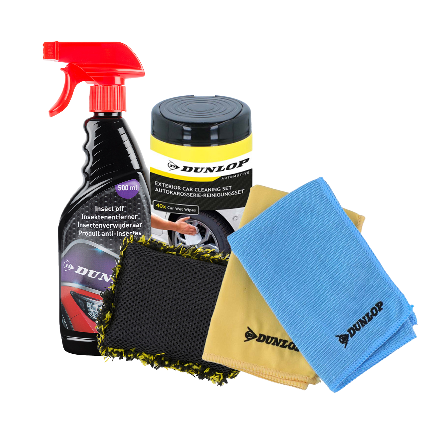Dunlop Anti-insekten Pack Insektenentferner 500ml Spezialschwamm Mikrofaser 250gsm Windschutzscheibe Karosserie Reinigung Set