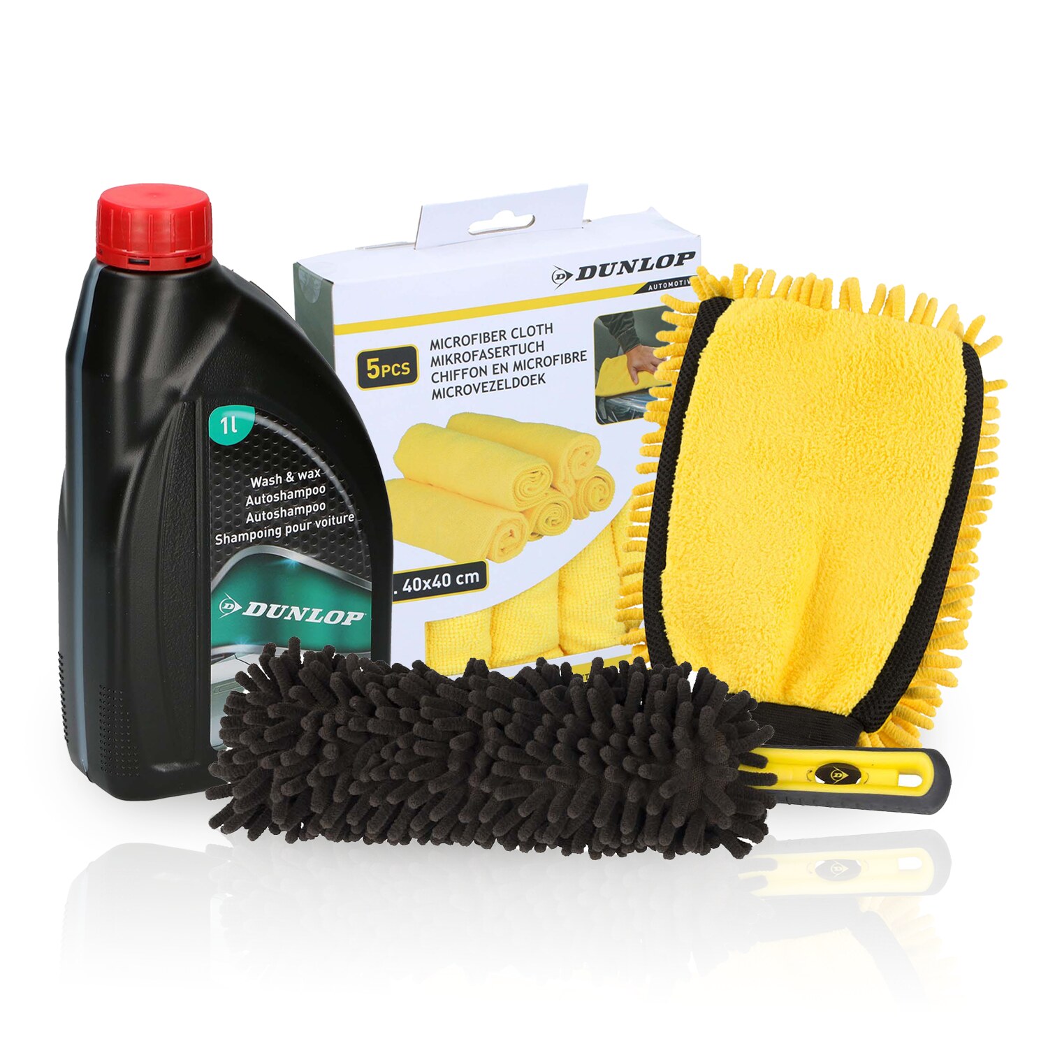 Dunlop Pack Entretien Auto 4-en-1 – Shampooing Lavant & Cirant 1l, Gant Double Face, Brosse À Jantes & 5 Microfibres