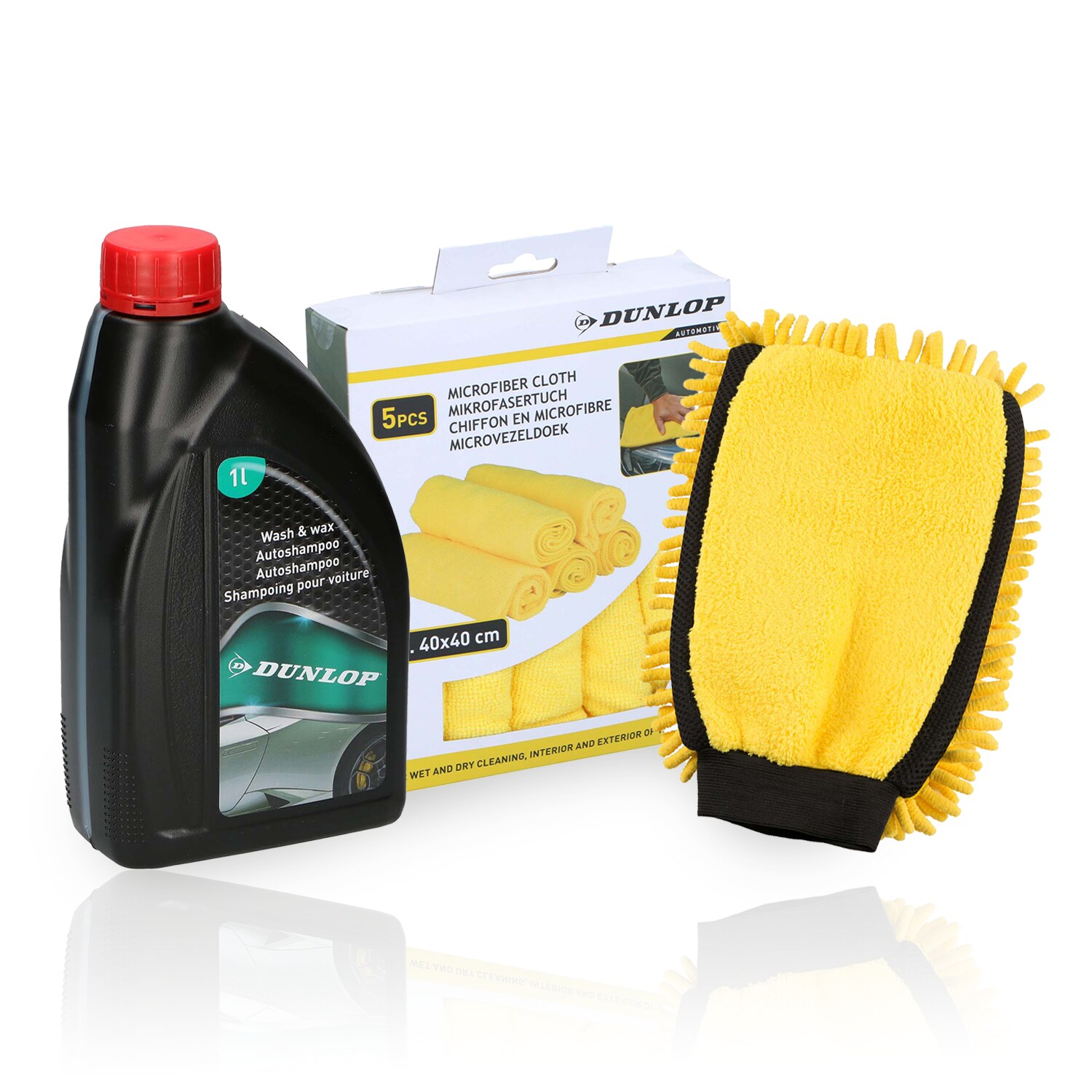 Dunlop Pack Entretien Auto 3-en-1 – Shampooing Lavant & Cirant 1l, Gant De Lavage Double Face & Lot De 5 Chiffons Microfibre