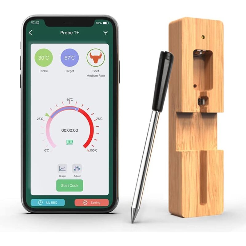 Kabelloses Bluetooth-fleischthermometer (reichweite 50 M) – Temperaturbereich: -40 °c Bis 100 °c – Genauigkeit: ±1 °c – Akkulaufzeit: Bis Zu 4 Stunden