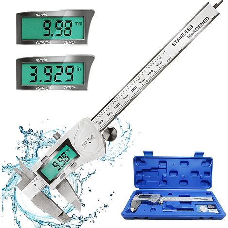 Digitaler Messschieber, 150 Mm/6 Zoll, Edelstahl, Nonius-mikrometer, Ip54 Wasserdicht, Großes Lcd-display, Mm/zoll, 2 Batterien, Automatische Abschaltung, Stahl