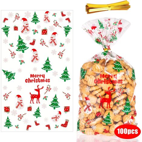 100 Stück Weihnachtstüten Aus Plastik Für Süßigkeiten Und Kekse, Weihnachtsgeschenktüten Mit Drehverschluss Für Weihnachtsfeiern (frohe Weihnachten)