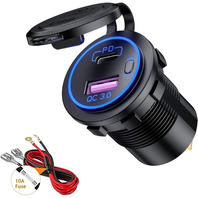 Usb/qc3.0- Und Pd/typ-c-autoladebuchse Mit Led Und Wasserdichtem Schalter Für 12v/24v-autos, Boote Und Motorräder (blau)