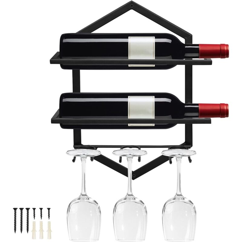 Wandmontiertes Weinregal Aus Metall, Inklusive Hängender Weinglashalter Für 2 Flaschen Und 3 Gläser, Rotweinregal