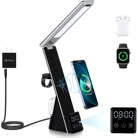 4-in-1 Led-schreibtischlampe, 3 Einstellbare Lichtmodi, Digitalanzeige, Uhr, Kabelloses Qi-schnellladen, Laden Von Smartphones, Kopfhörern, Apple Watch Und Airpods, Schwarz