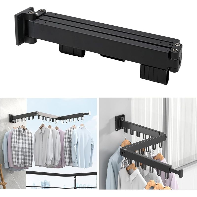 Wandmontierter, Faltbarer Wäschetrockner Aus Aluminium – 3 Ebenen – Ausziehbare Stange – 18 Drehbare Haken – Maße: 120 X 9 X 6,5 Cm – Schwarz