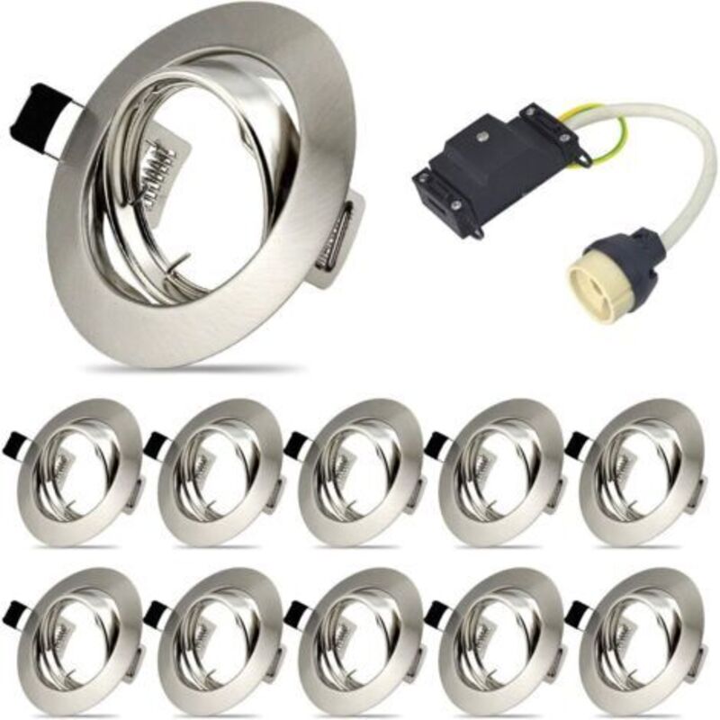 Set Mit 10 Montagerahmen Für Einbaustrahler, Gu10-einbaustrahler-set, Schwenkbarer Led-halterungsrahmen Für Led- Und Halogenlampen Inklusive Gu10-fassung, Schutzart Ip20, Rund, 40° Verstellbar