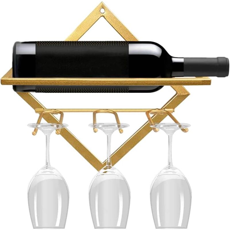 Wandmontiertes, Klappbares Weinregal Aus Metall Mit 3 Stielglashaltern (gold)