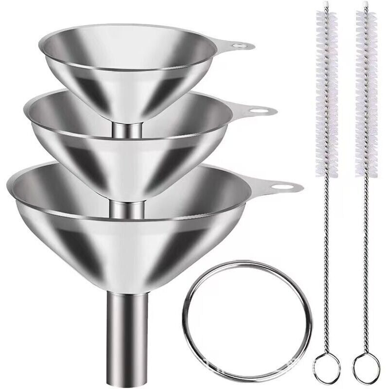 3-teiliges Set Küchen-trichter Aus Edelstahl Zum Abfüllen Von Flüssigkeiten, Gewürzen, Umfüllen Von Öl, Saft, Pulver Und Parfüm, Inklusive Reinigungsbürste.