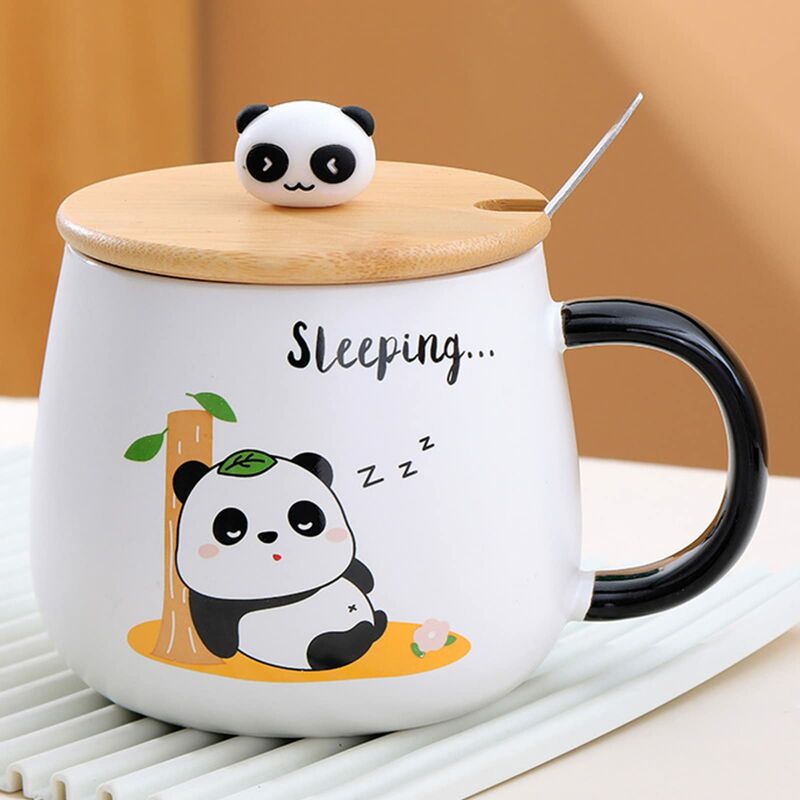 Panda-becher Mit Weichem Deckel, Panda-geschenk, 400 Ml Keramik-teetasse Mit Löffel Und Untertasse, Süßes Geburtstagsgeschenk