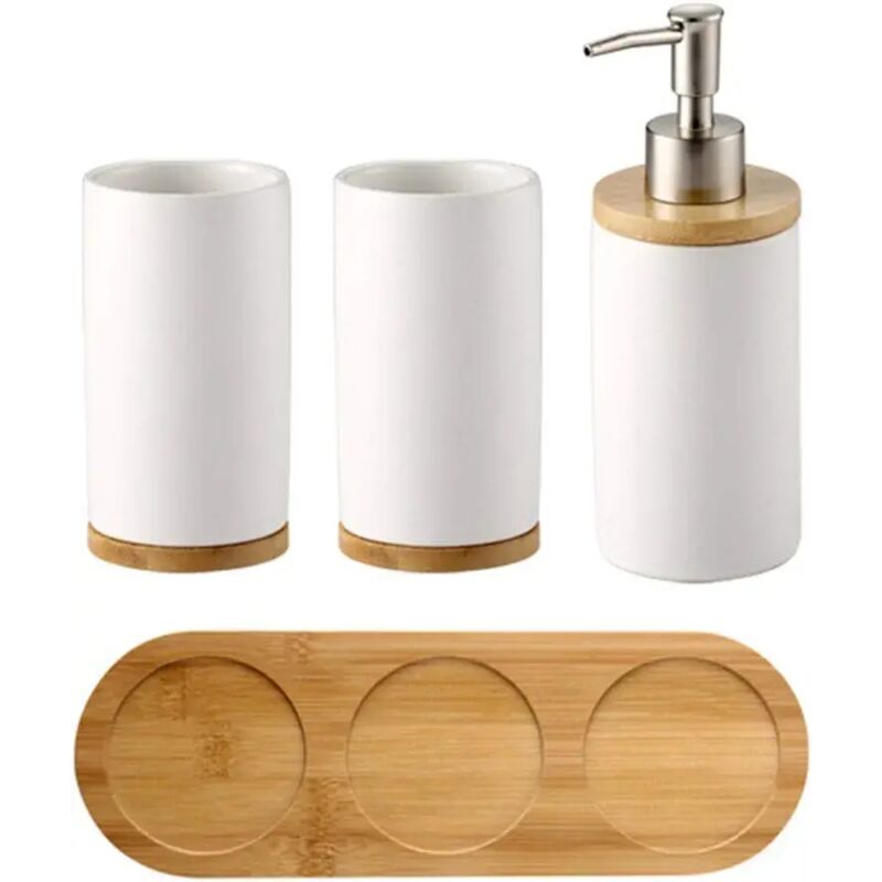 Set Mit 4 Keramik-badezimmeraccessoires, Zahnbürstenhalter, Seifenspender, Becher, Bambustablett (weiß)