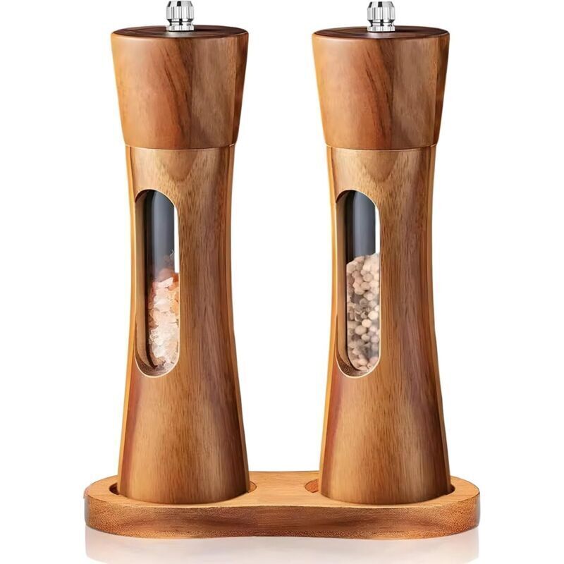 Hölzernes Pfeffer- Und Salzmühlen-set, 2-teiliges Verstellbares Keramikset Mit Holzsockel.