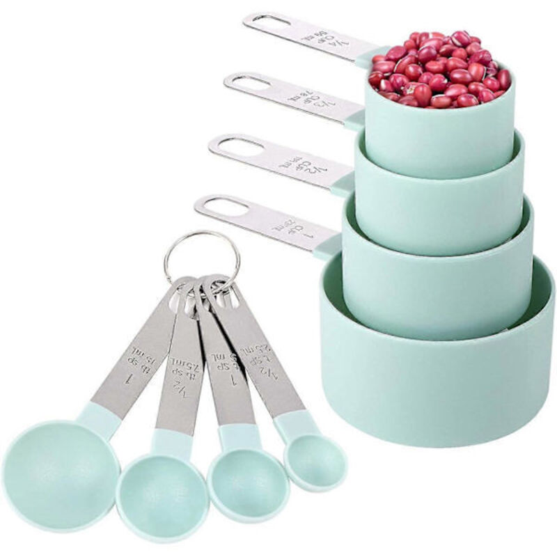Set Aus 8 Stapelbaren Messbechern Und -löffeln Mit Edelstahlgriffen Für Trockene Und Flüssige Zutaten, Seeblau