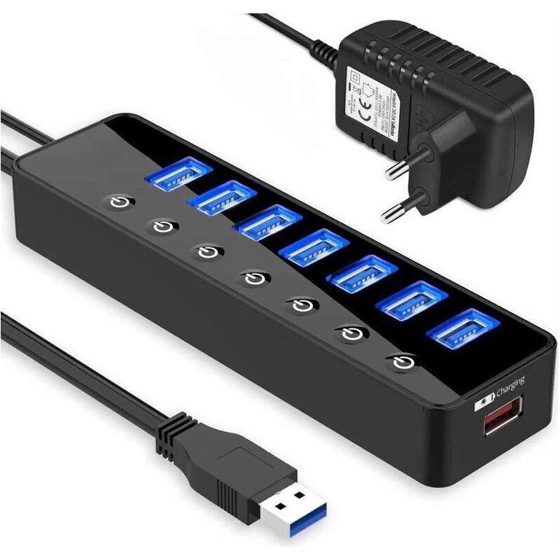 Andiamo Smart-home-zubehör: Aktiver Usb-3.0-hub Mit Netzteil. Aktiver 7-port-usb-3.0-datenhub Mit Schalter Und 1 Intelligentem Ladeanschluss.