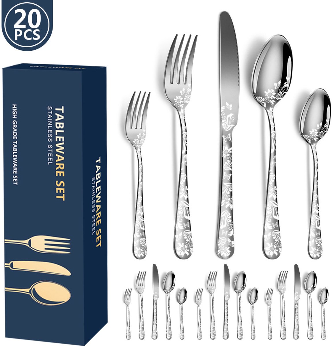 20-teiliges Edelstahl-besteckset Für 4 Personen, Poliertes Silberdekor, Bestehend Aus Messern, Gabeln Und Teelöffeln / Esszimmer / Partys