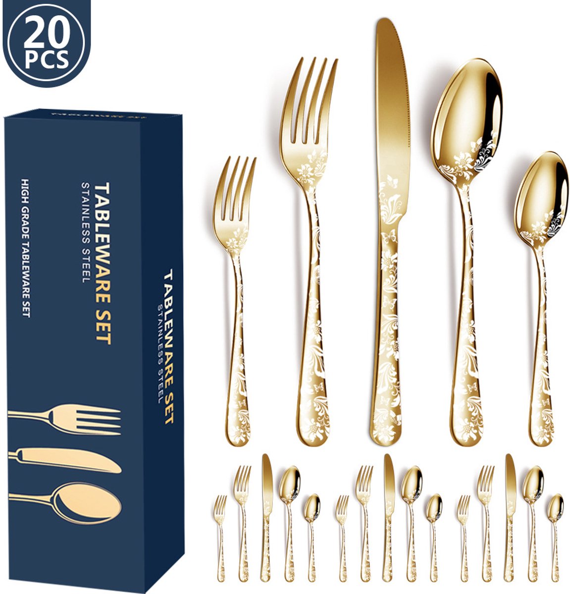 20-teiliges Edelstahl-besteckset, Essservice, Essservice Für 4 Personen, Goldenes Besteckset, Edelstahl