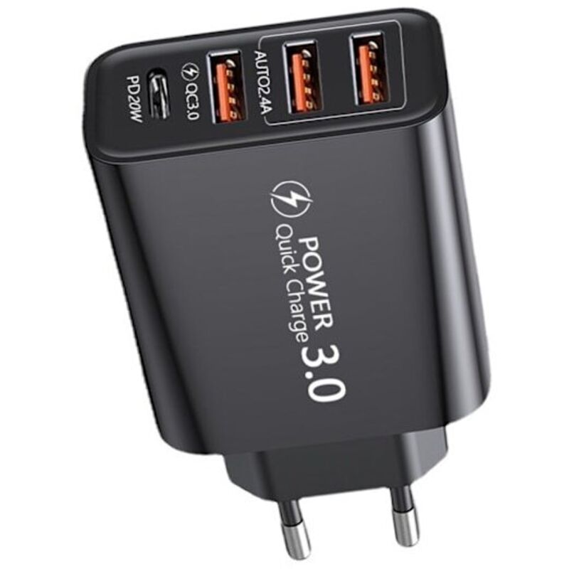 Universeller Reiseadapter Für Die Eu Mit 3 Usb-anschlüssen, Einem Typ-c-schnellladeanschluss Und Einem Europäischen Standardstecker, In Schwarz.