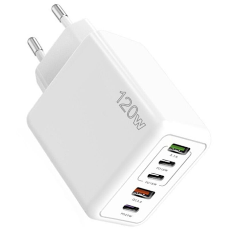 120-w-schnellladeadapter Für Mobiltelefone Mit 2 Usb- Und 3 Usb-c-anschlüssen, Kompatibel Mit Mobiltelefonen, Tablets Und Ideal Für Geschäftsreisende. Weiß, Europäischer Standard.