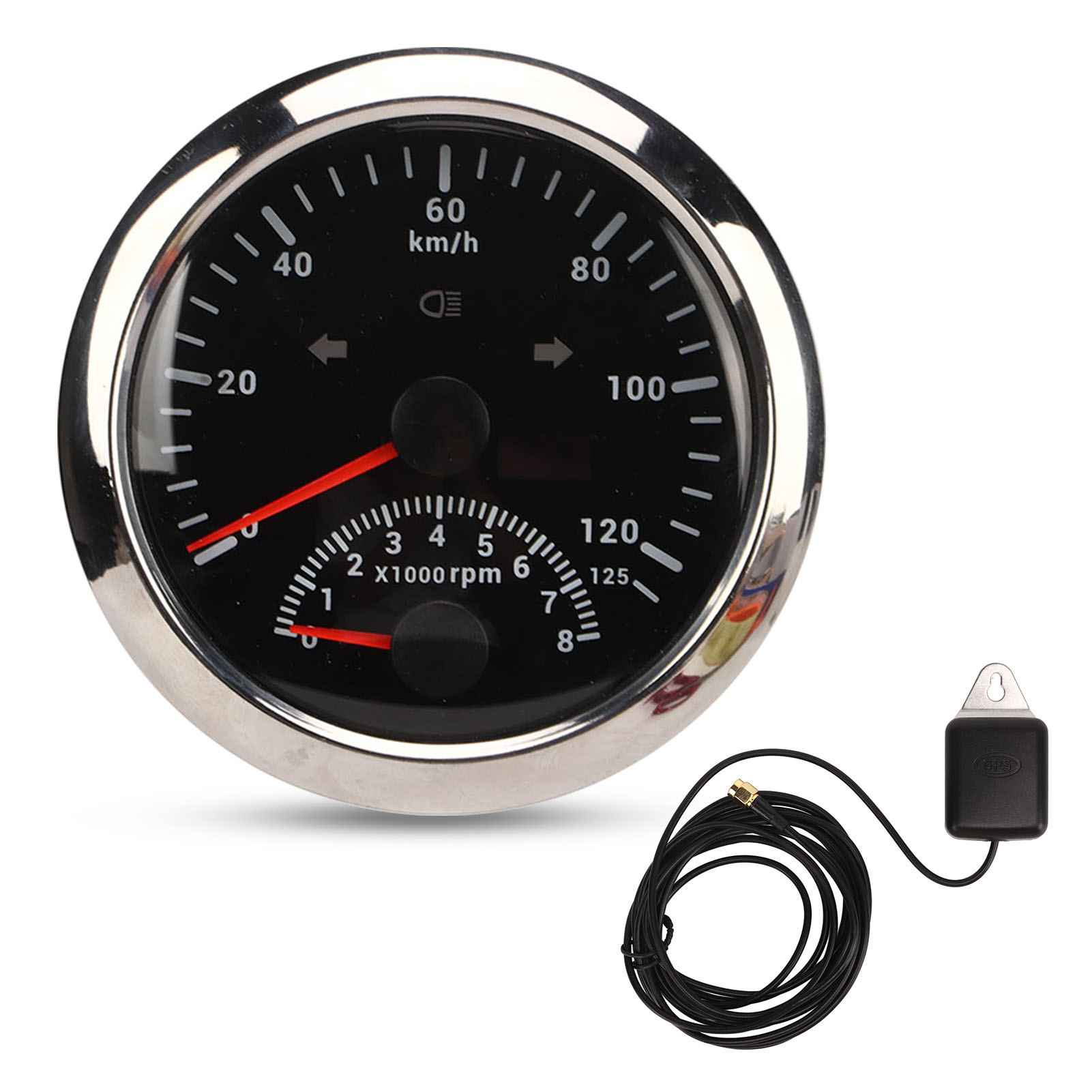 Gps-tachometer Mit Drehzahlmesser 8000 U/min 85 Mm 3 3/8 Zoll Kontrollleuchte Für Fahrzeug Atv Marine Schwarzes Zifferblatt Silberne Lünette.