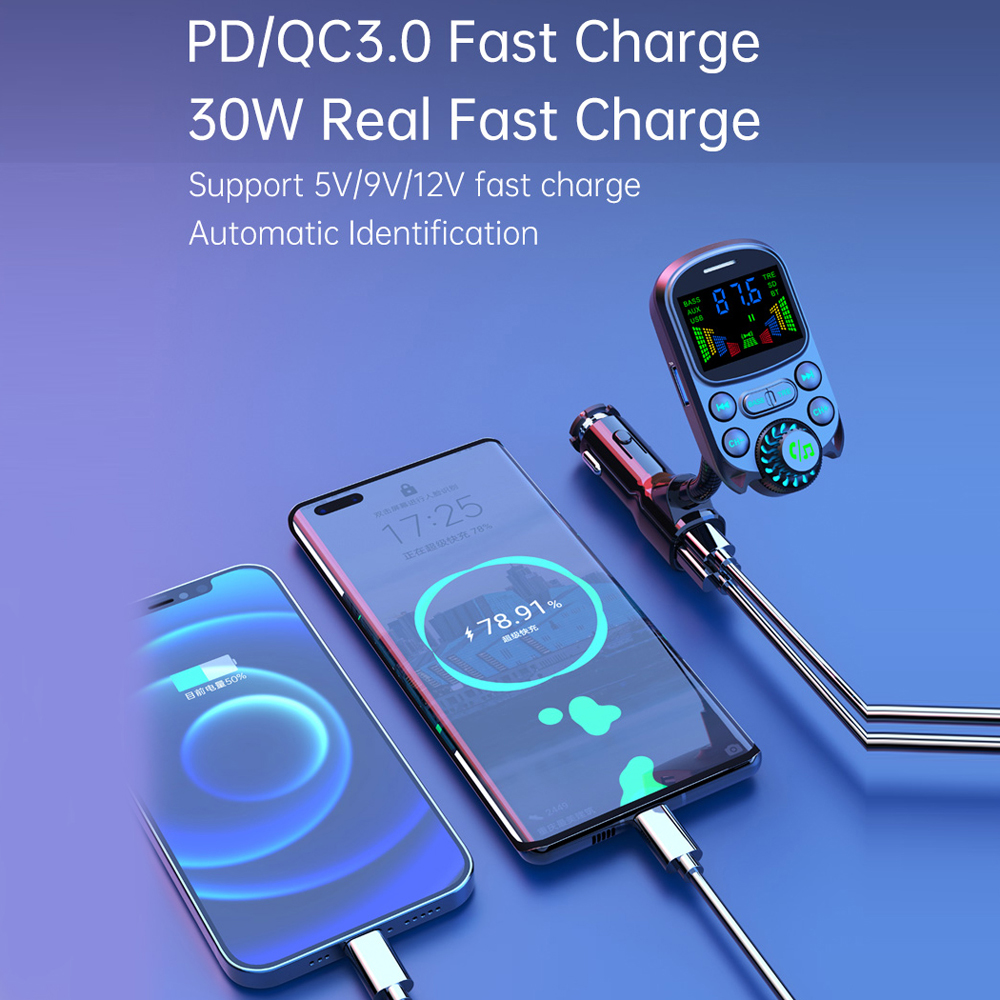 Bt Mp3-autoradio Mit Fm Pd + Qc3.0 Sender, Ladeadapter, 2-zoll-oled-bildschirm, Freisprechfunktion, Unterstützung Für Usb-/tf-kartenwiedergabe, Sprachassistent, Einstellbare Höhen/bässe Und Spannungsa